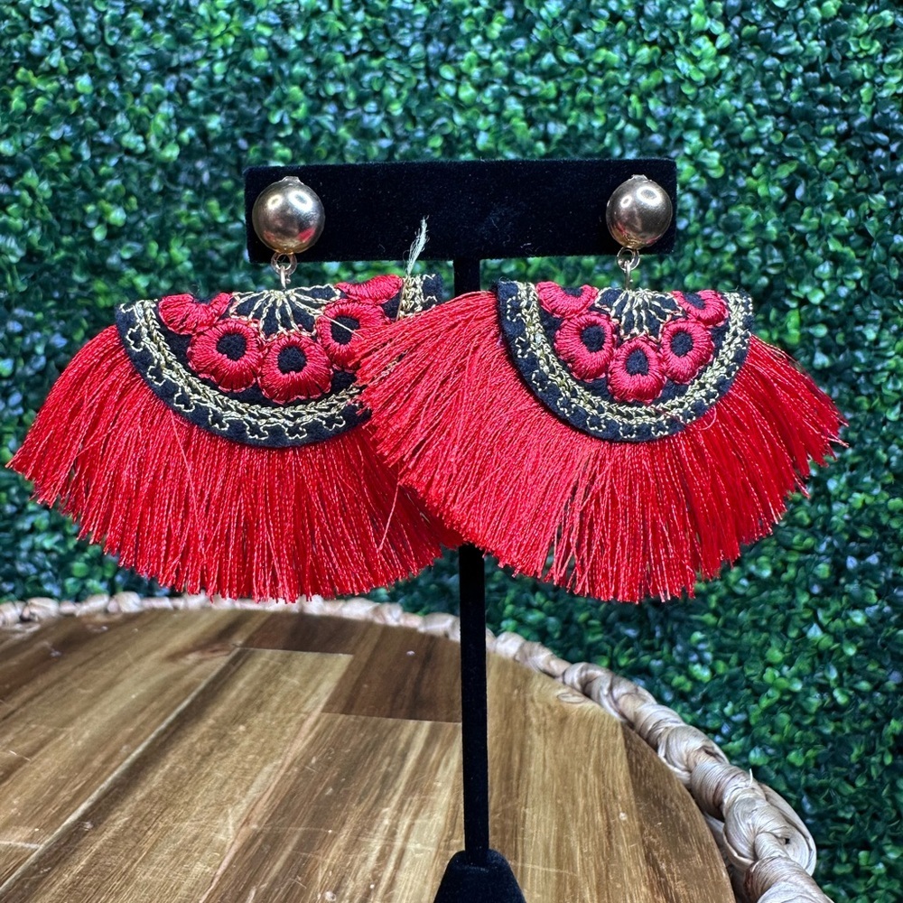 Elegant Red and Black Fringe HANDMADE Earrings NEW